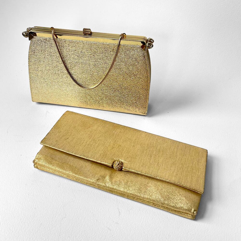 50s 60s Gold Evening Bag Purse 2-Pc Lot VTG Clutch Metallic Chain Handle MCM